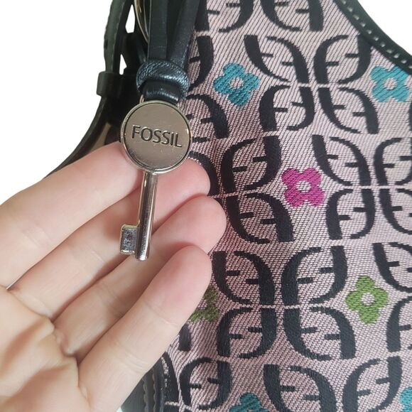 Fossil Monogram Shoulder Bag Purse Handbag Pink Black Leather Trim Flower Boho - Picture 6 of 13
